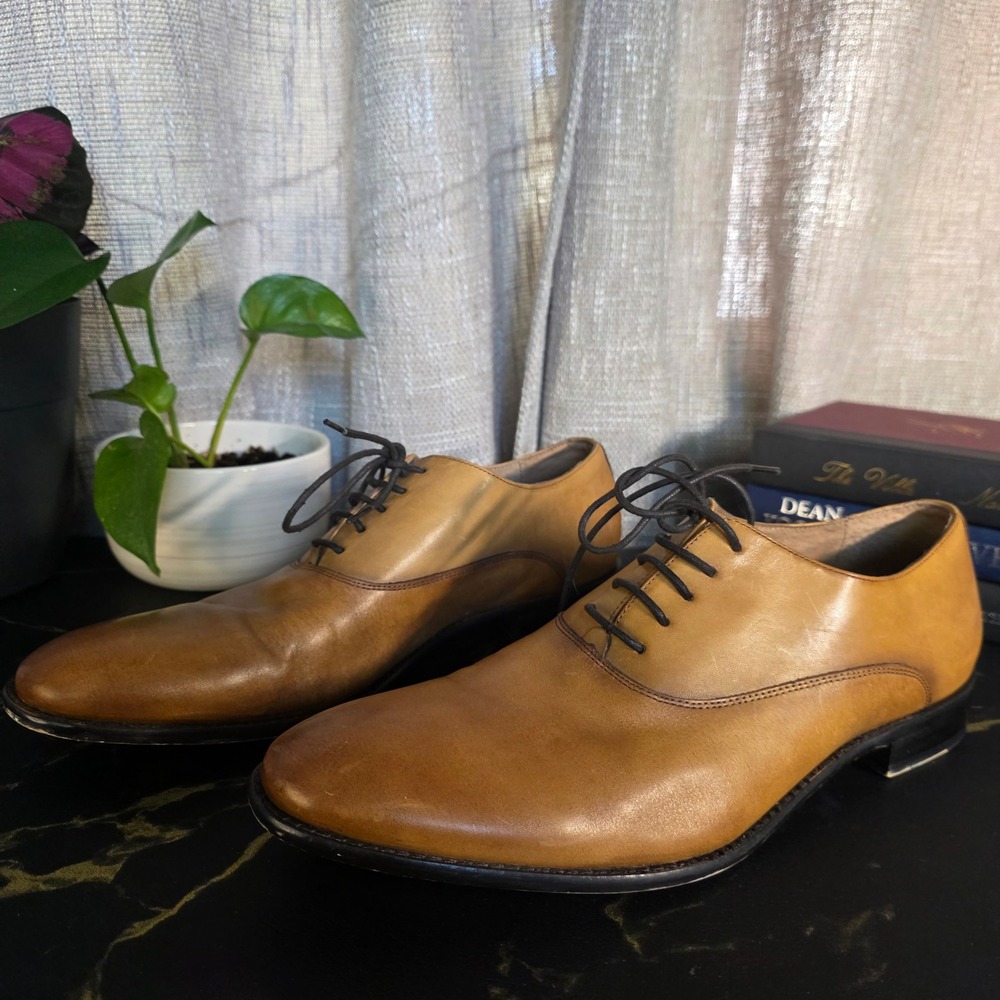 Banana Republic Mens Tan Leather Oxford Derby Shoes Cognac Plain Toe 10.5 M Lace